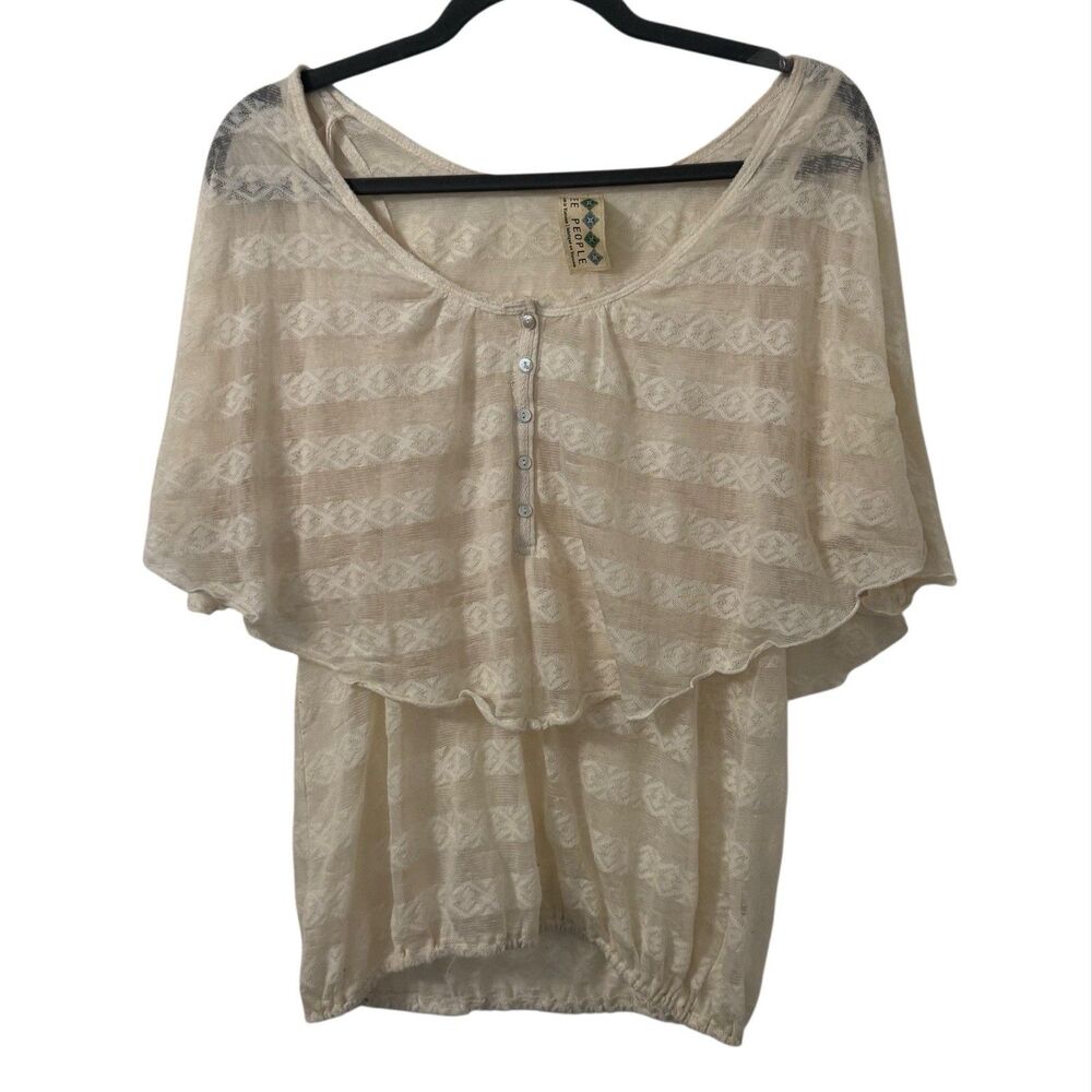 Free People Womens Top Small Cream‎ Lace Coastal Boho Siren Semi Sheer Romantic